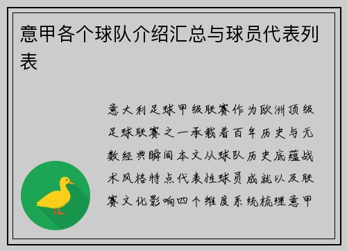 意甲各个球队介绍汇总与球员代表列表