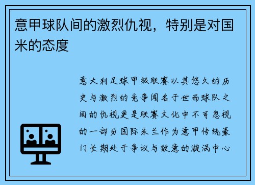 意甲球队间的激烈仇视，特别是对国米的态度